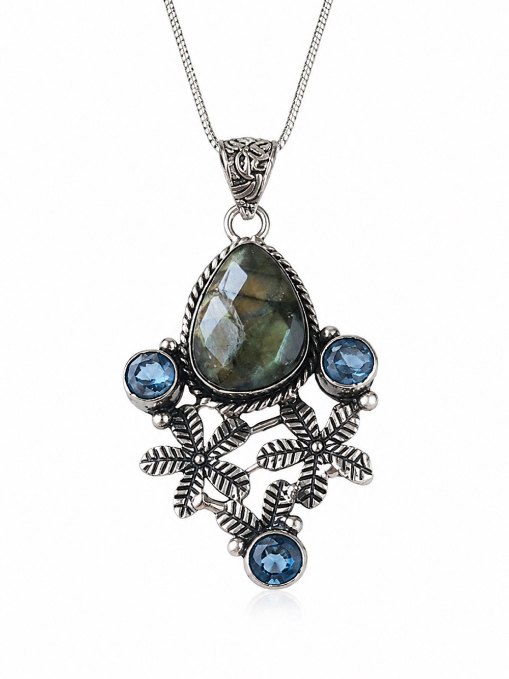 Silver Plated Labradorite & Blue Topaz Necklace